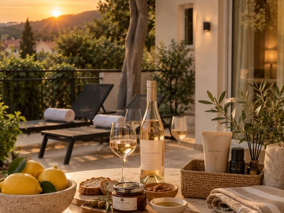 Verre de rosé sur une terrasse de la Villa Onyra au coucher du soleil