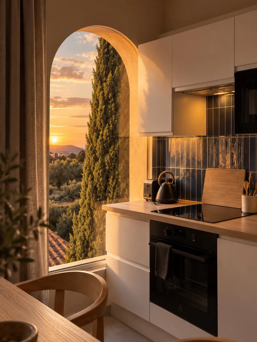 Cuisine d'un appartement de la Villa Onyra, fenêtre en arche ouvrant sur un cyprès au coucher du soleil