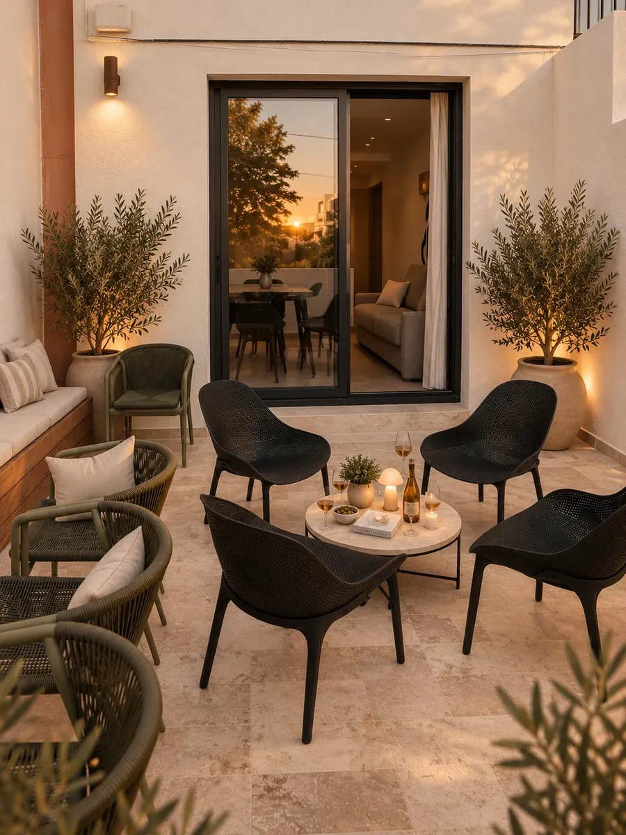 Patio de la Villa Onyra aménagé en salon de jardin, à la tombée du jour