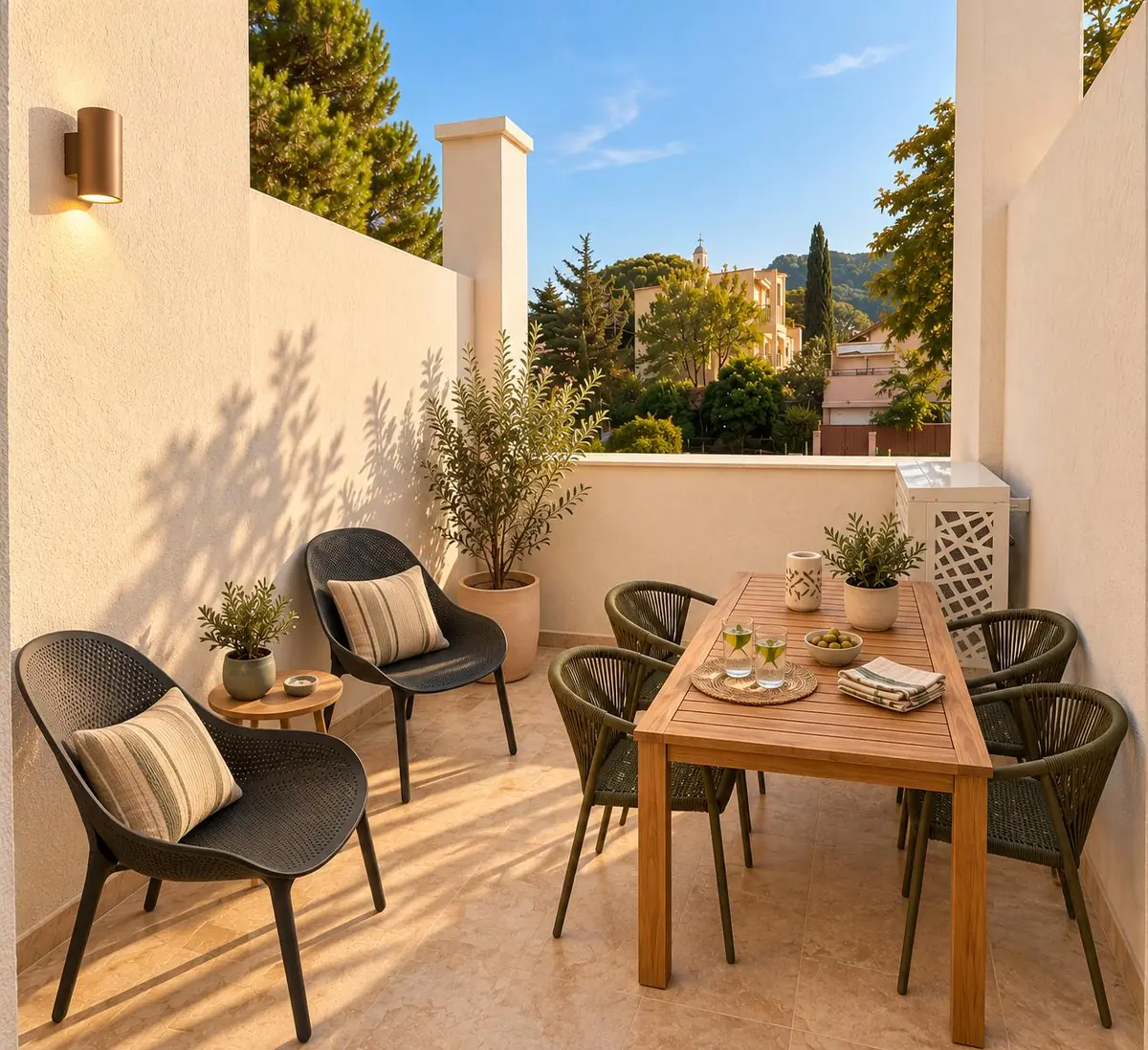 Terrasse privée d'un appartement de la Villa Onyra, entourée de verdure