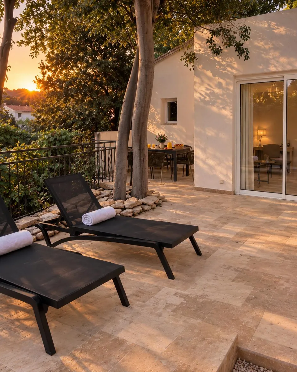 Terrasse de la Villa Onyra avec transats au coucher du soleil